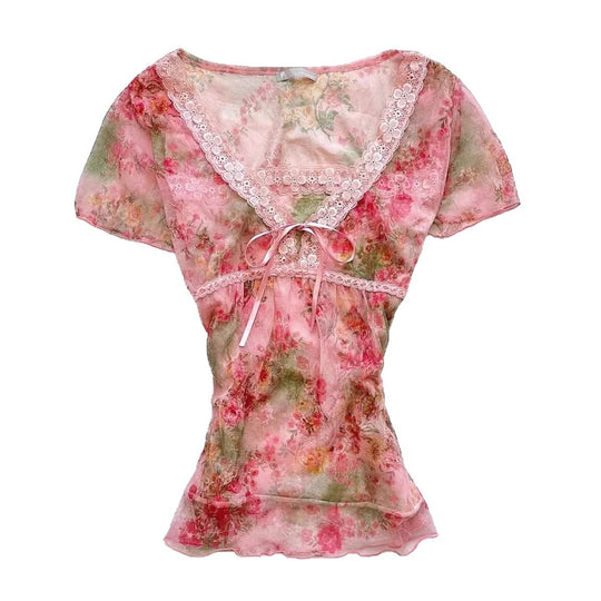 Damen florales Chiffon-Oberteil mit Spitzenakzenten EB