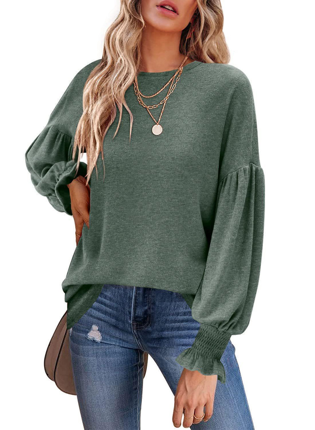 Damen lässiger Pullover mit Ballonärmeln und raffiniertem Saum EB