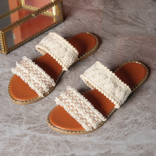 Damen Komfortable Flauscher-Sandalen mit eleganten Textilbändern EB