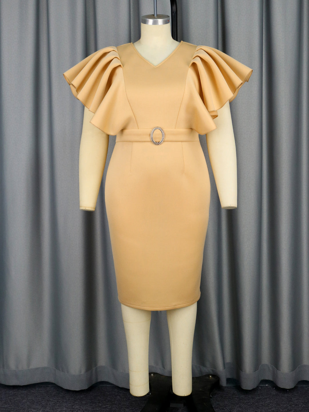 Damen figurbetontes Kleid mit voluminösen Rüschenärmeln und Taillengürtel EB