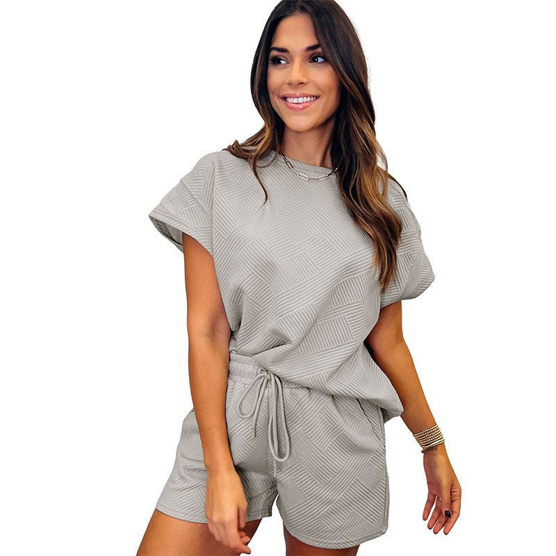 Damen gemütliches Freizeit-Set mit strukturiertem Oberteil und Shorts EB