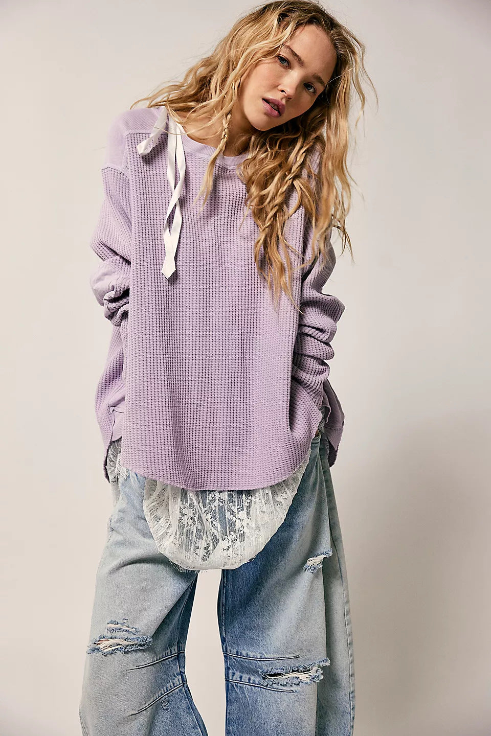 Damen Oversized Waffelstrick-Pullover mit weitem Schnitt und tiefem Raglan EB