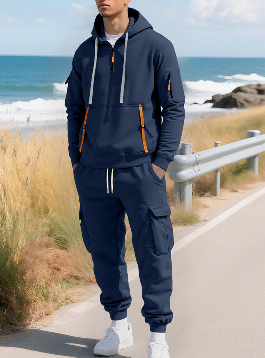 Herren nan lässiger Halbzip Hoodie mit Kängurutasche und Cargo Jogginghose mit Reißverschlussdetails EB