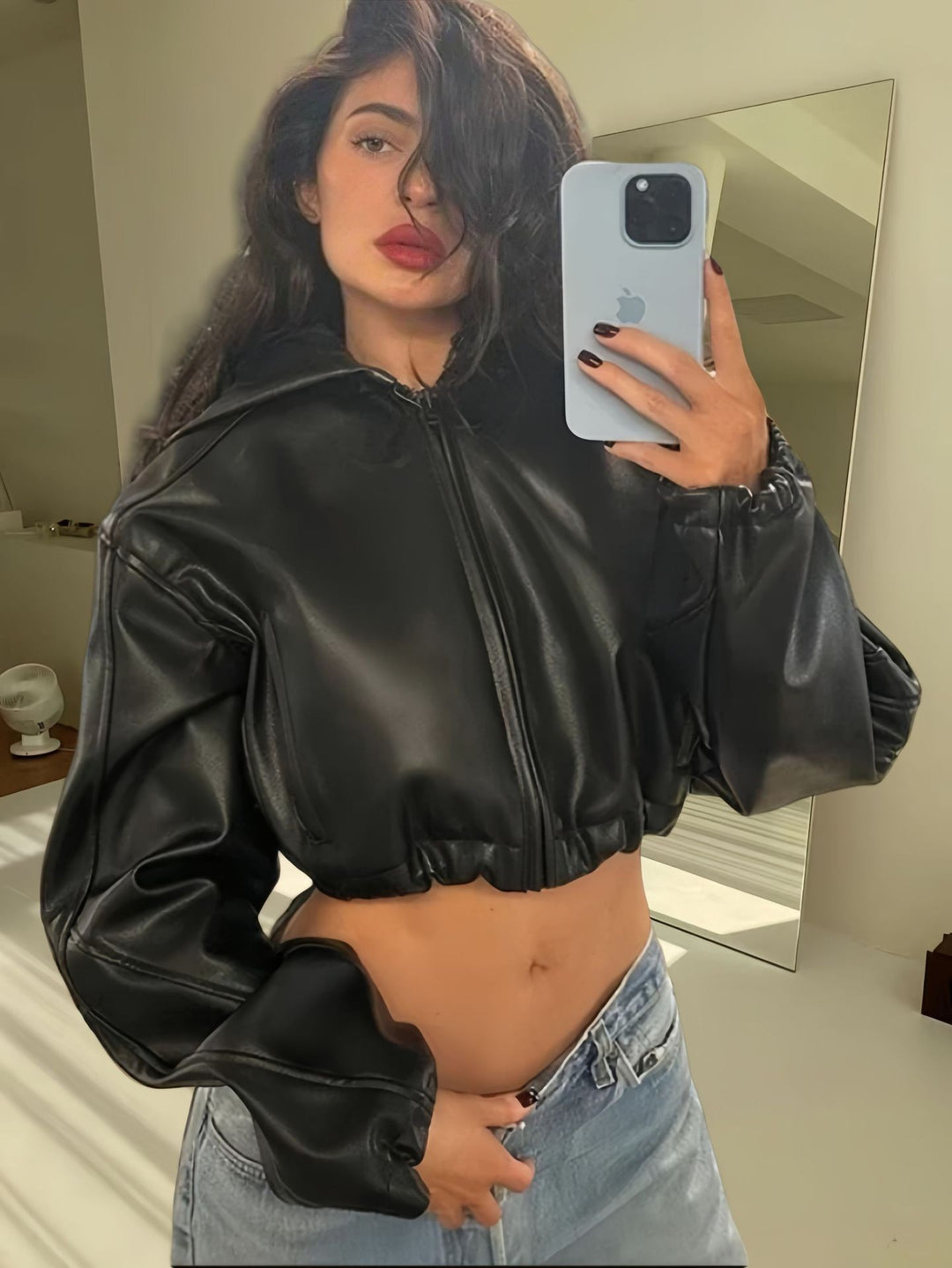 Damen Modische cropped Kunstlederjacke EB