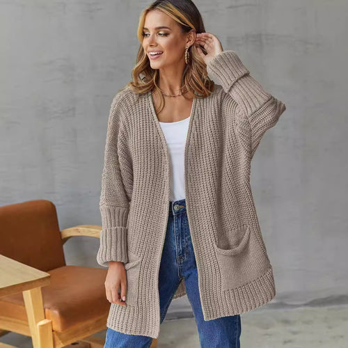 Damen gemütliche Strickjacke mit tiefen Taschen und volumetrischen Ärmeln EB