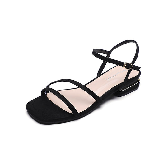 Damen Elegante Fußbett-Sandalen mit dünnen Riemen und modischem Blockabsatz EB