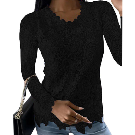 Damen nan figurbetonte Spitzenbluse mit floraler Allover-Spitze, Langarm und gezacktem Saum EB