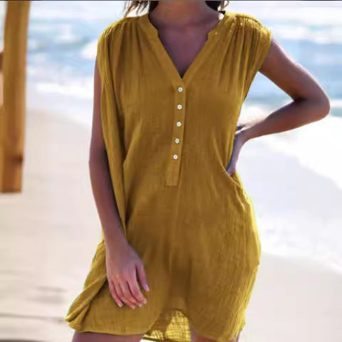 Damen lässiges Strandkleid mit Knopfdetails EB