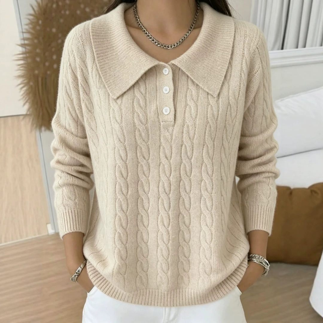 Damen Kabelstrick-Polo-Pullover mit großem Umlegekragen und lockerer Silhouette EB