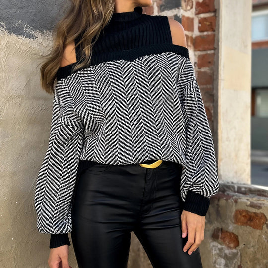 Damen Grobstrickpullover mit schulterfreien Ärmeln und modernem Zickzack-Muster EB