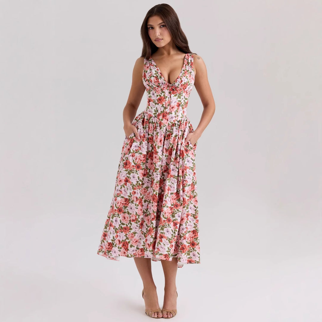 Damen Maxikleid mit floralem Design und praktischen Taschen EB