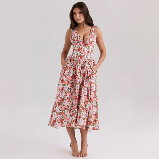 Damen Maxikleid mit floralem Design und praktischen Taschen EB