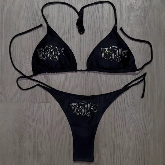 Damen Bikini-Set mit glitzerndem Druck und verstellbaren Trägern EB