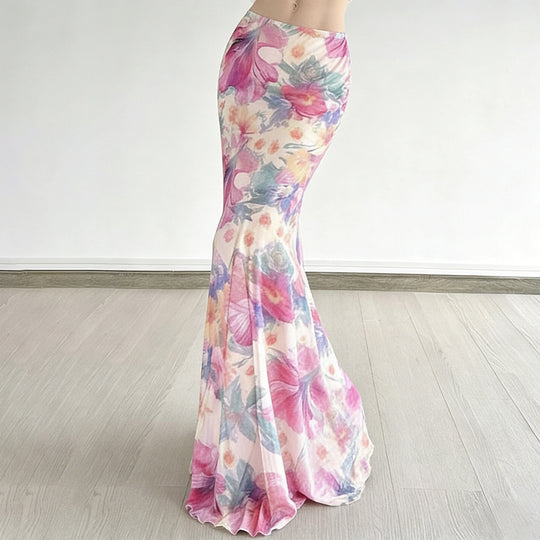 Damen Fließender Maxirock mit floralem Design und schwingendem Saum EB