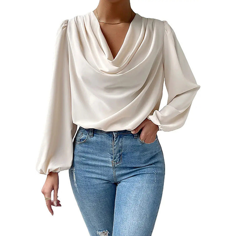 Damen elegante Bluse mit asymmetrischem Halsansatz und langen Ärmeln EB