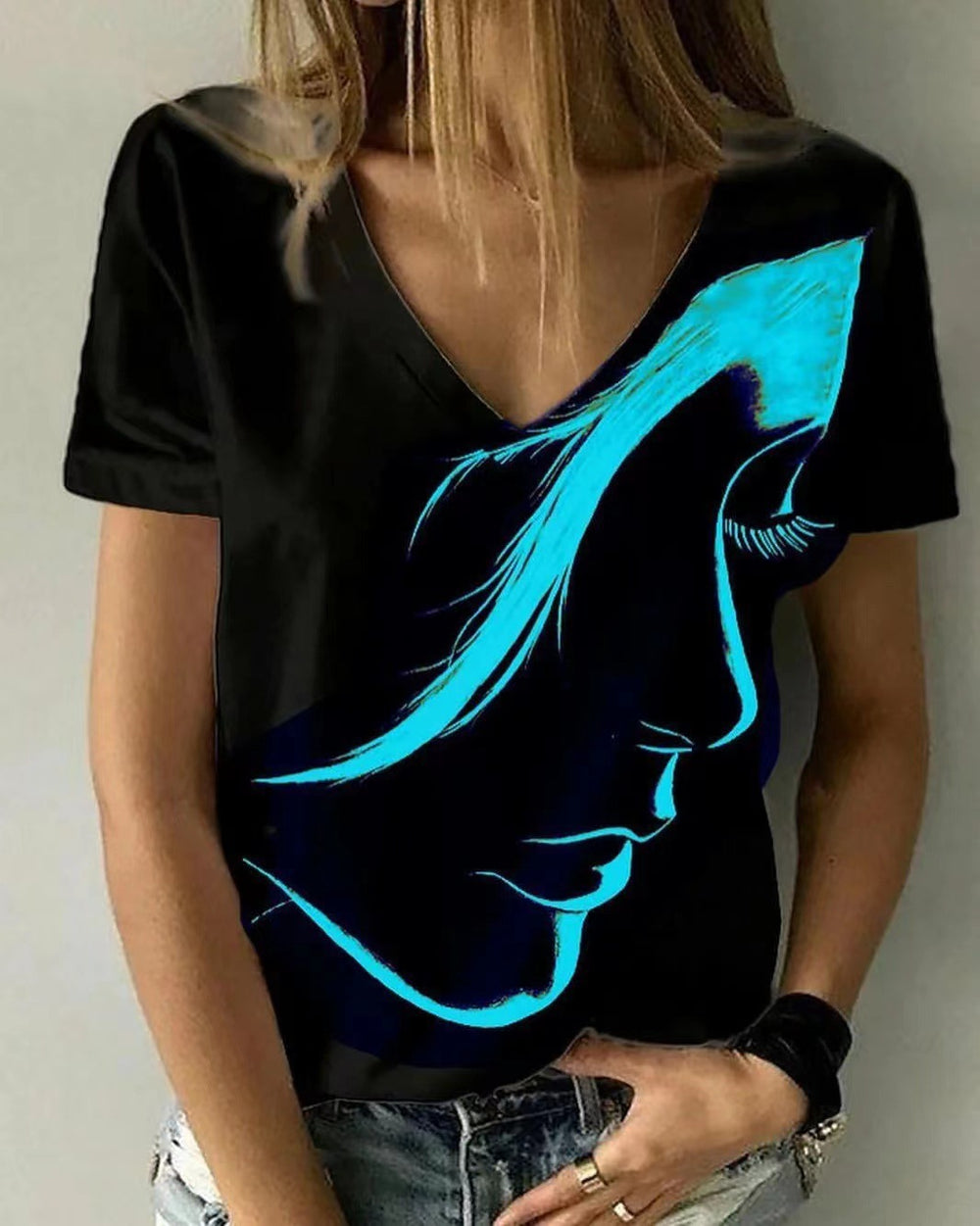 Damen V-Ausschnitt T-Shirt mit kreativem Grafikdruck EB