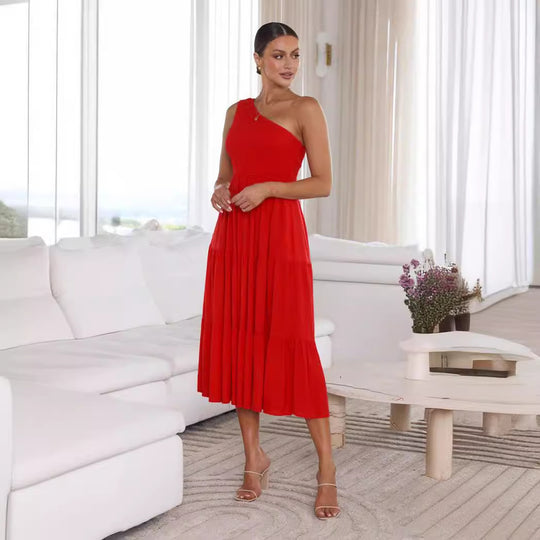 Damen Elegantes One-Shoulder-Maxikleid mit fließendem Rock EB