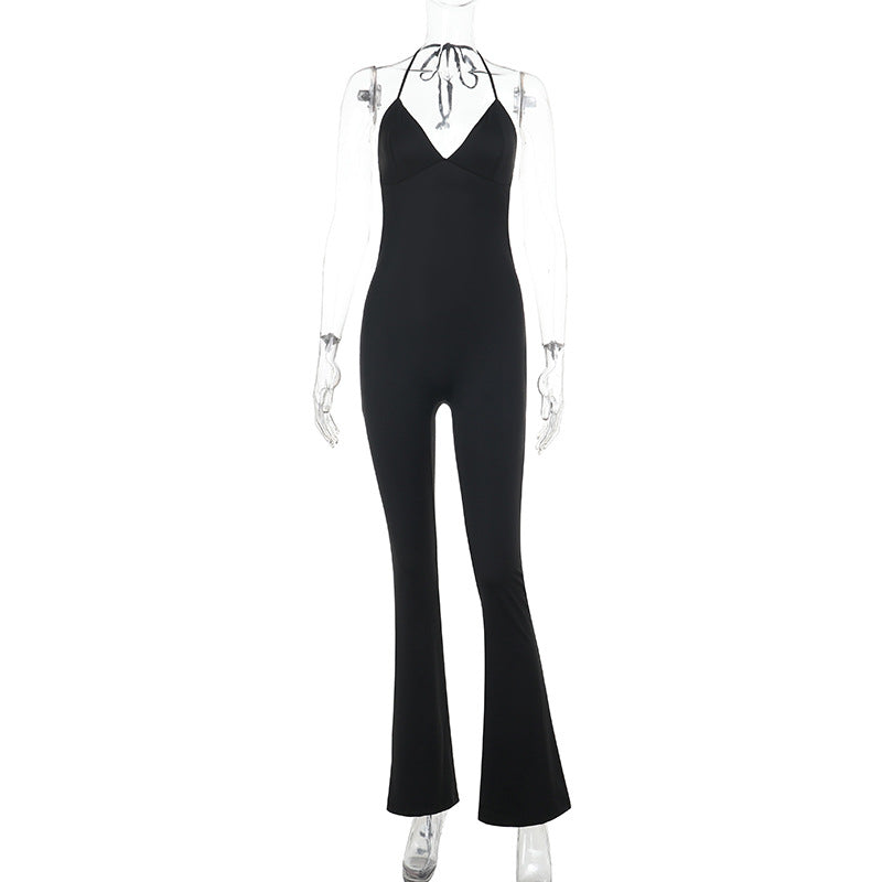 Damen eleganter Jumpsuit mit tiefem V-Ausschnitt und weit geschnittenen Beinen EB