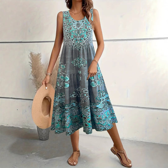 Damen Maxi-Kleid mit verspieltem Ethnomuster und schwingendem Schnitt EB