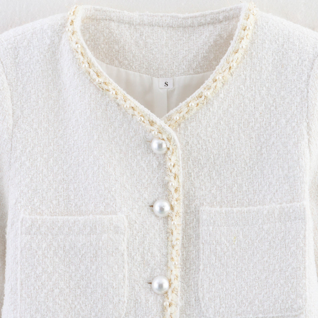Damen modische Bouclé-Jacke mit eleganten Taschen und perlverzierten Knöpfen EB