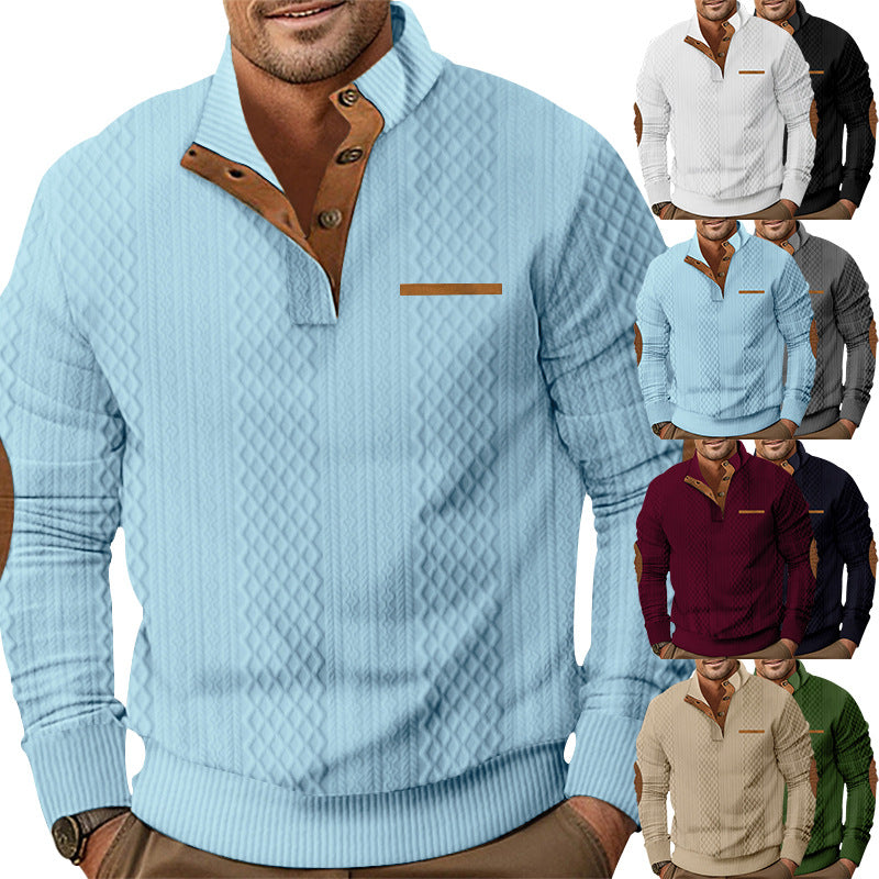 Herren nan strukturierter Strickpullover mit Stehkragen, Knopfleiste und Ellenbogenpatches EB