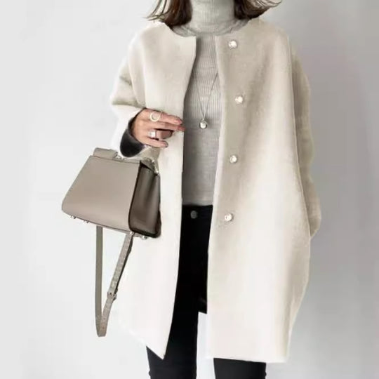 Damen Eleganter Oversized Wollmantel mit Doppelknopf-Verschluss und seitlichen Taschen EB