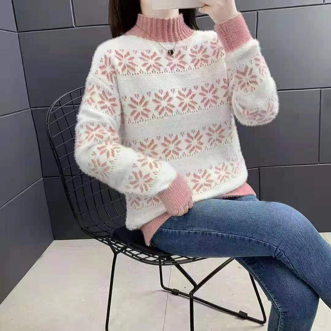 Damen Strickpullover mit modernem Schneeflocken-Muster und Stehkragen EB