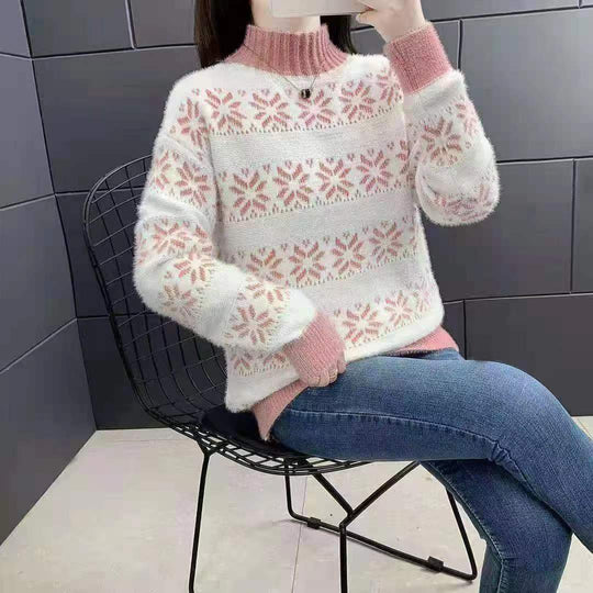 Damen Strickpullover mit modernem Schneeflocken-Muster und Stehkragen EB