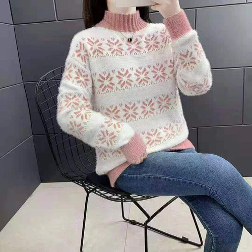 Damen Strickpullover mit modernem Schneeflocken-Muster und Stehkragen EB