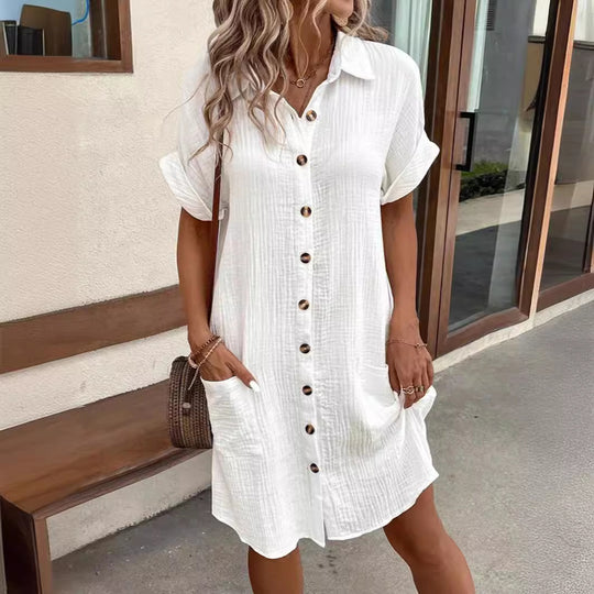 Damen Kurzarm Hemdkleid mit Knopfleiste und praktischen Taschen EB