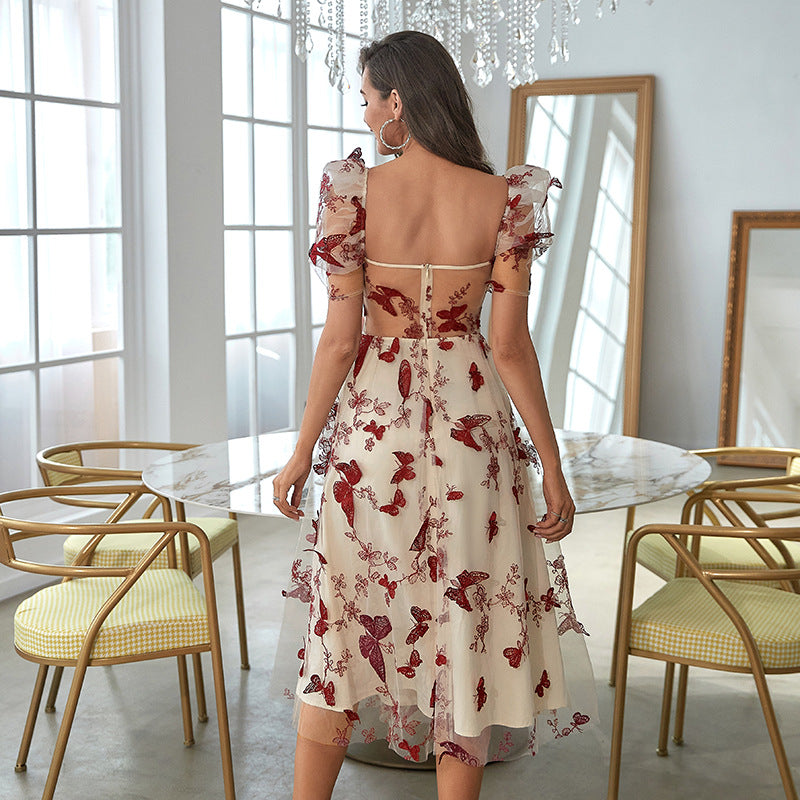 Damen Midikleid mit floralem Applikationsdesign und Puffärmeln EB