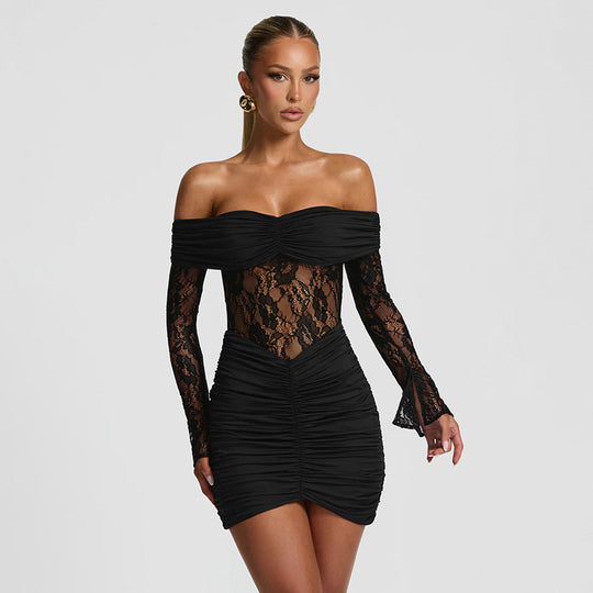 Damen elegantes Spitzenkleid mit Off-Shoulder-Ausschnitt und Raffungen EB
