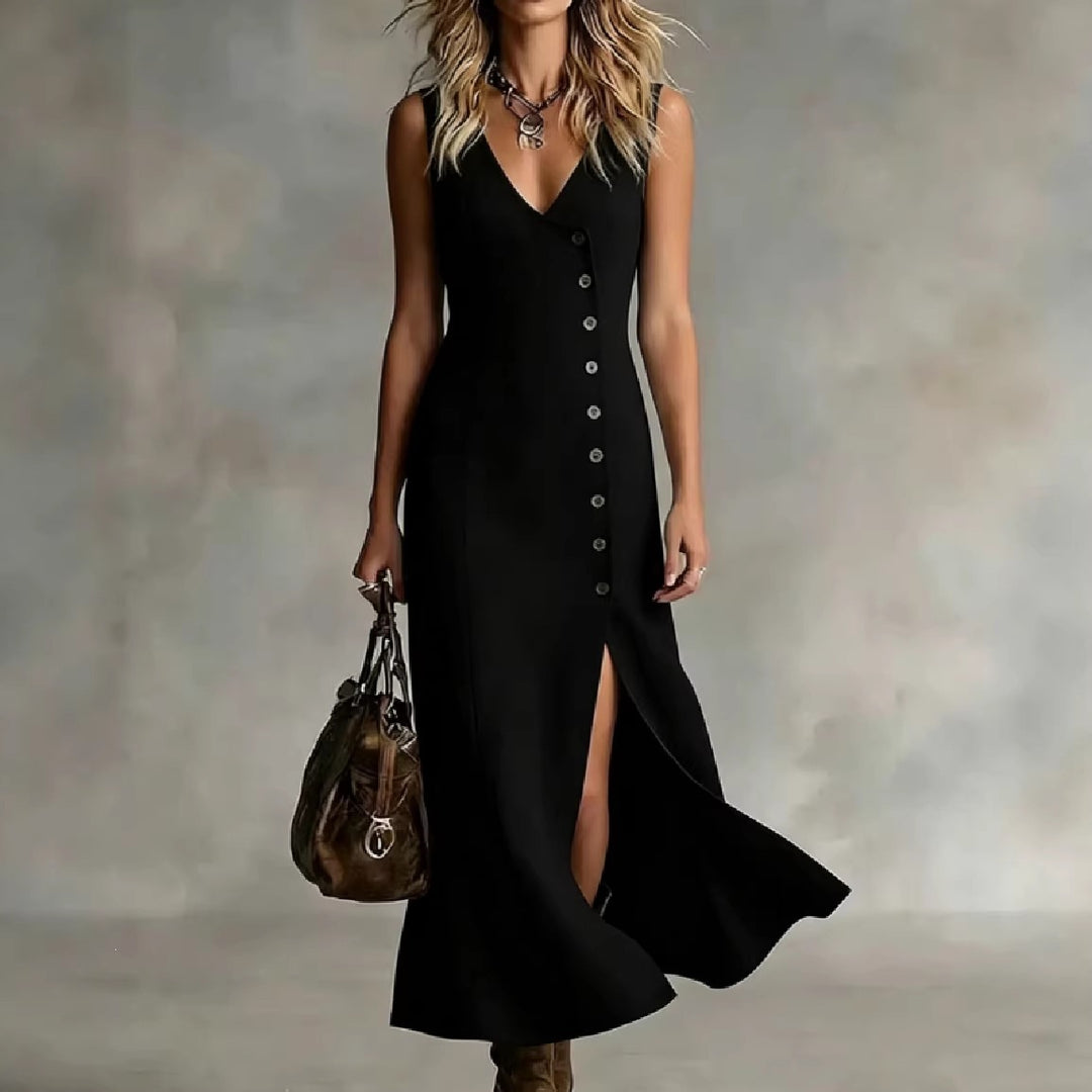 Damen Maxikleid mit elegantem V-Ausschnitt und seitlichem Schlitz EB