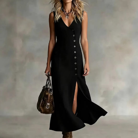Damen Maxikleid mit elegantem V-Ausschnitt und seitlichem Schlitz EB