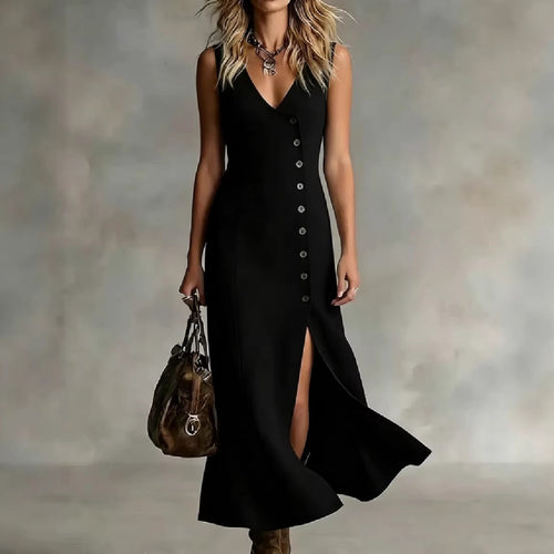 Damen Maxikleid mit elegantem V-Ausschnitt und seitlichem Schlitz EB