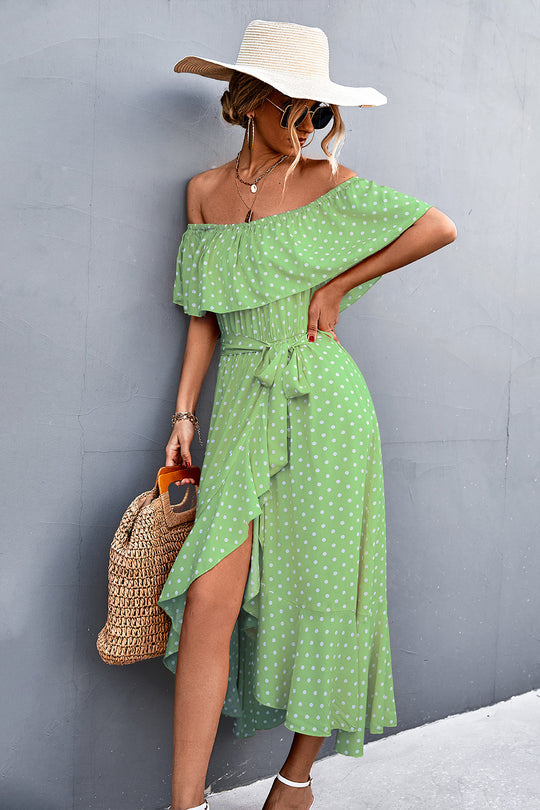 Damen Off-Shoulder Maxikleid mit Rüschendetails und seitlichem Schlitz EB