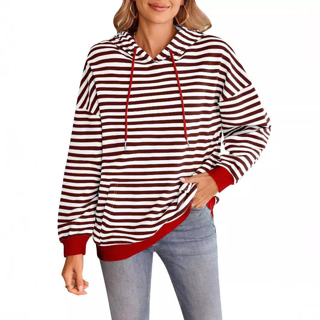 Damen gestreifter Kapuzenpullover mit stylischer Kängurutasche EB