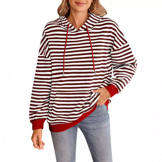 Damen gestreifter Kapuzenpullover mit stylischer Kängurutasche EB