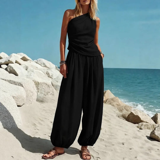 Damen Elegantes Einteiler-Outfit mit Fließendem Schnitt und One-Shoulder-Design EB