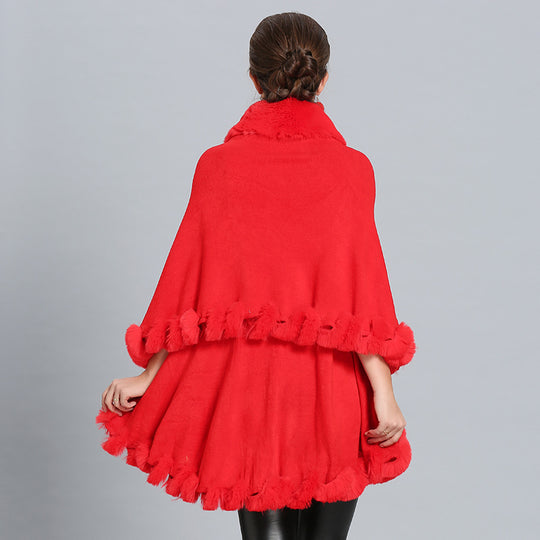 Damen Kapuzenponcho mit luxuriösem Fellkragen und eleganter Umrandung EB