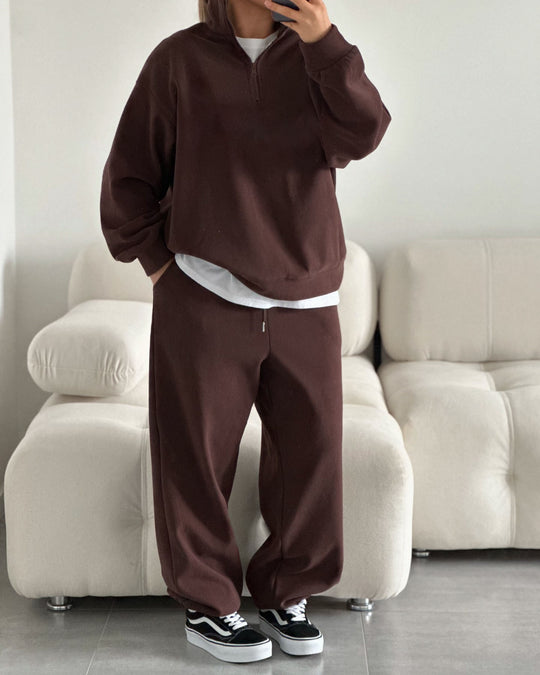 Damen gemütliches Fleece-Loungewear-Set mit Stehkragen und Reißverschluss EB
