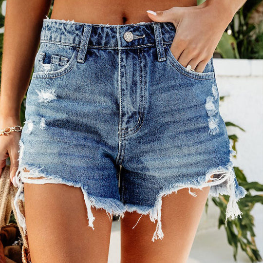 Damen Hochtaillierte Destroyed Denim-Shorts mit fransigen Säumen EB