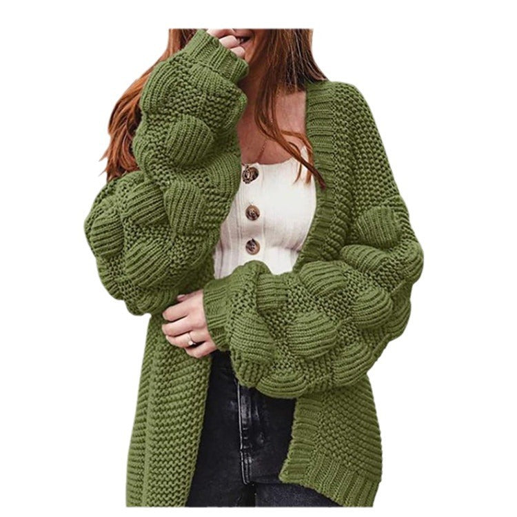 Damen Grobstrick-Cardigan mit voluminösen Puffärmeln und elegantem V-Ausschnitt EB