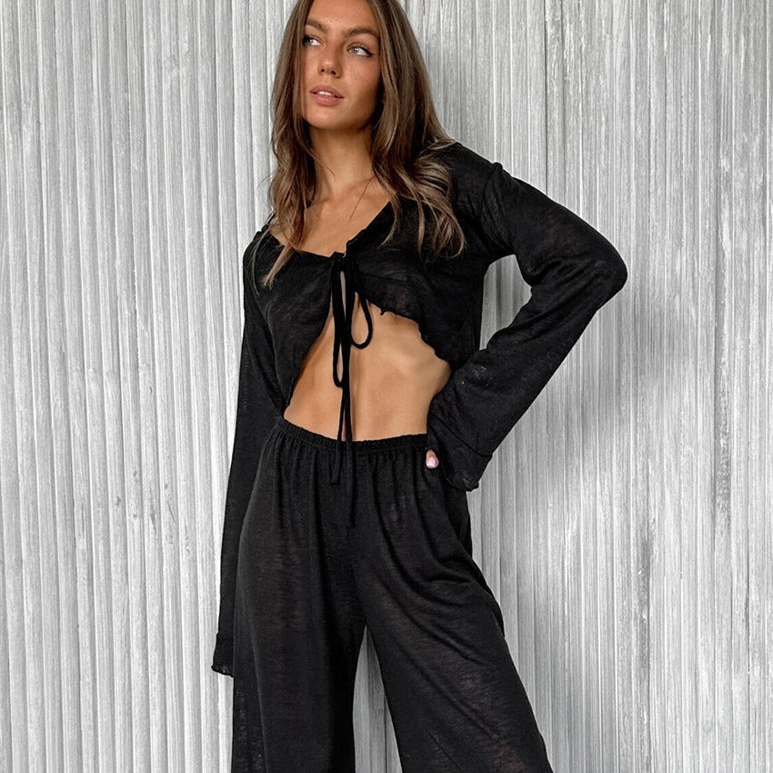 Damen Lässiges Lounge-Set mit cropped Oberteil und weit geschnittenen Hosen EB
