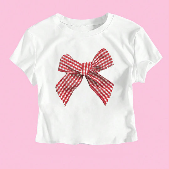 Damen Crop-T-Shirt mit verspieltem Karoband-Motiv und lässigem Schnitt EB