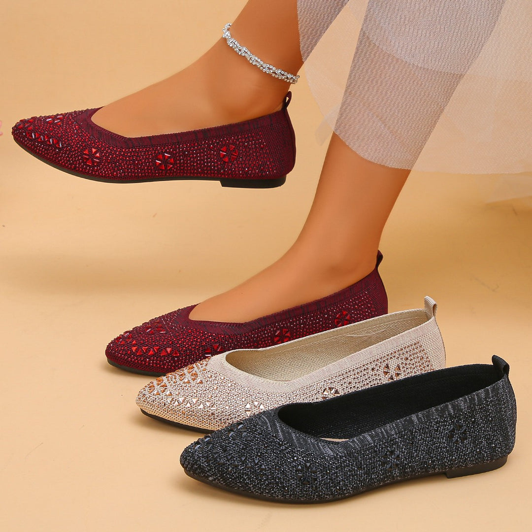 Damen Ballerinas mit funkelndem Strass und dekorativem Lochmuster EB