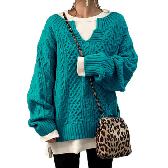 Damen nan weit geschnittener Strickpullover mit Zopfmuster und V-Ausschnitt EB