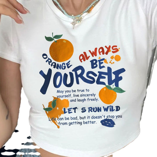 Damen Crop-T-Shirt mit inspirierendem Schriftzug und fröhlichem Obstmotiv EB