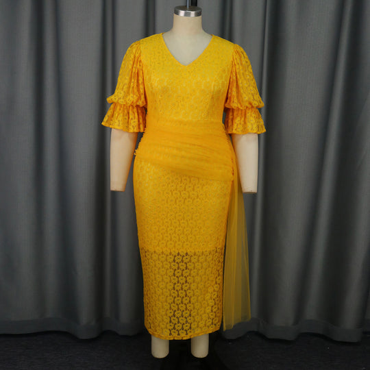 Damen elegantes Spitzenteil Kleid mit voluminösen Rüschensäumen EB