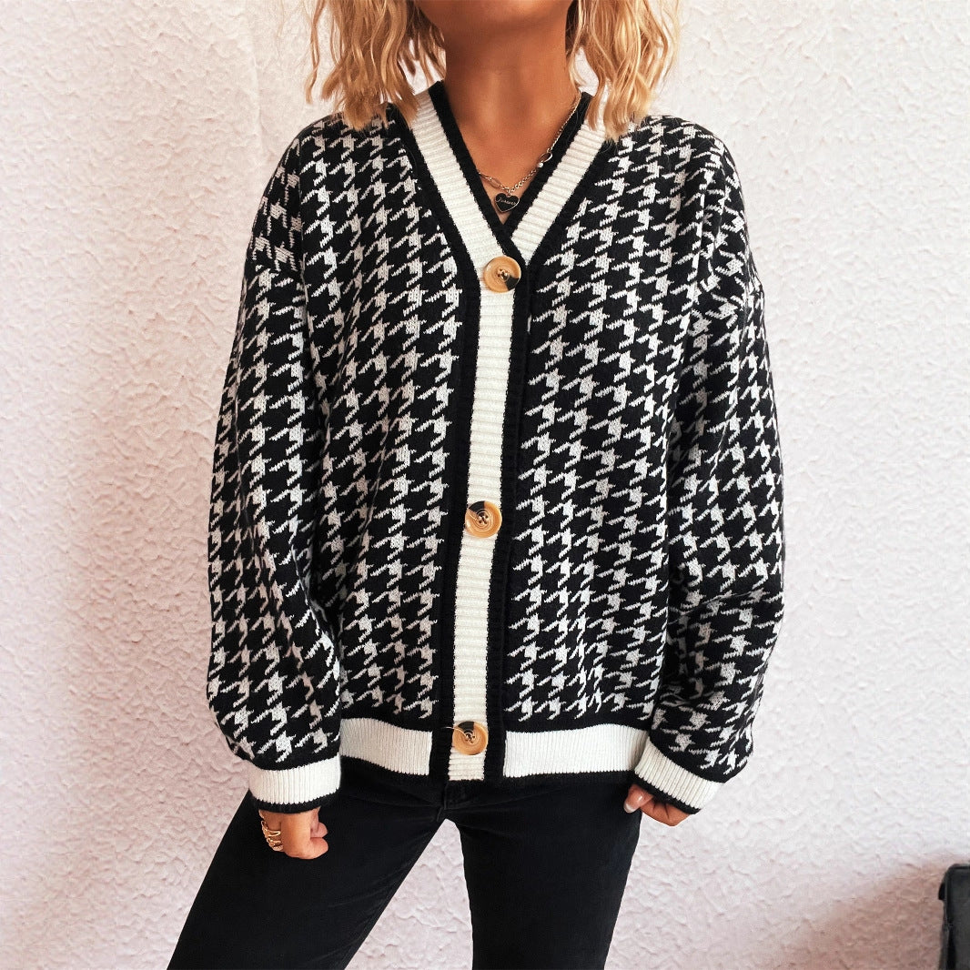 Damen lässiger Strickcardigan mit modischem Hahnentritt-Muster und Holzknöpfen EB